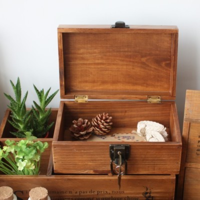 zakka实木质复古做旧带锁桌面大小号收纳木盒木箱 秘密盒子储物盒