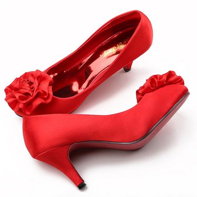 新款圆头蝴蝶结单鞋中跟花朵公主鞋红色新娘子鞋低跟婚鞋大码女鞋