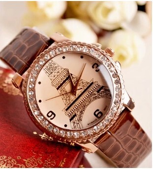 批发巴黎埃菲尔复古手表女韩国时尚奢华大气水钻皮带表女士手表