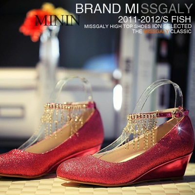 红色结婚鞋坡跟新娘鞋水晶亮片孕妇鞋水钻中粗跟女鞋子bling单鞋