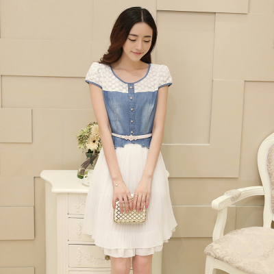 2015夏装新款 韩版修身短袖雪纺蕾丝拼接牛仔连衣裙 韩版女装