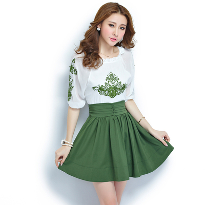 2015夏装新款韩版OL夏季新品女雪纺衫修身刺绣连衣裙短裙两件套