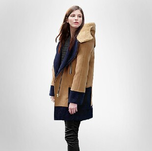 2015冬装新款女装欧美时尚连帽毛呢外套拼接修身韩版大衣长外套潮