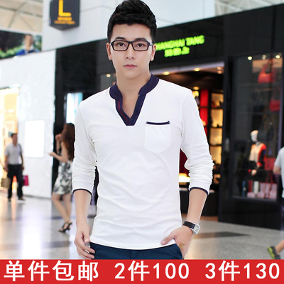 2014春装韩版新款非主流潮男装修身V领青少年学生男士长袖T恤上衣