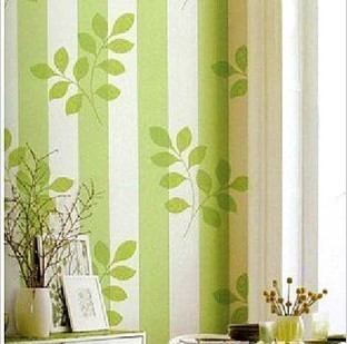 PVC自粘墙纸壁纸大马士革绿叶竖条北欧宜家卧室客厅 10米区域包邮