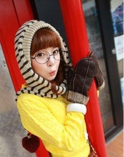 毛线帽子连围巾斑马条纹针织毛线帽子女冬天可爱韩版韩国代购