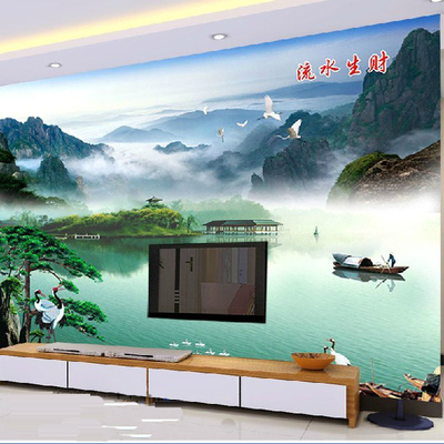 山水壁画无缝 客厅沙发电视背景墙纸 现代中式风景壁纸 流水生财