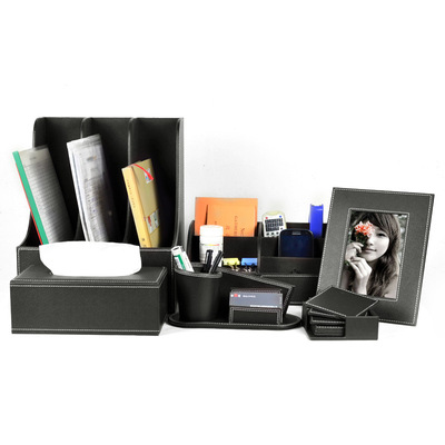 高档皮革办公用品套装 桌面收纳整理盒 便签盒 相框 纸巾盒 笔筒