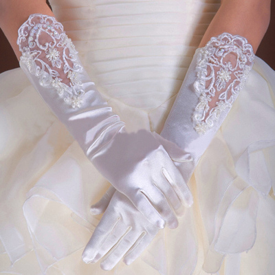 钉珠新娘蕾丝手套全指手套结婚手套婚纱礼服手套晚宴手套新款