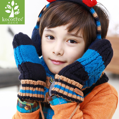 韩国男女童宝宝潮冬羊羔绒学生手套保暖彩色拼接挂脖手套针织手套
