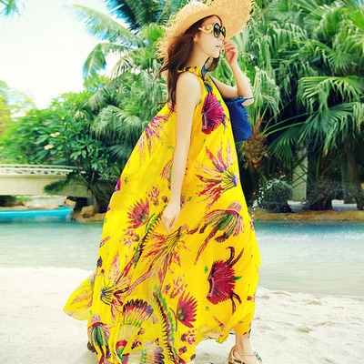 海边度假沙滩裙波西米亚风格长裙 大码显瘦胖mm最爱雪纺连衣裙夏