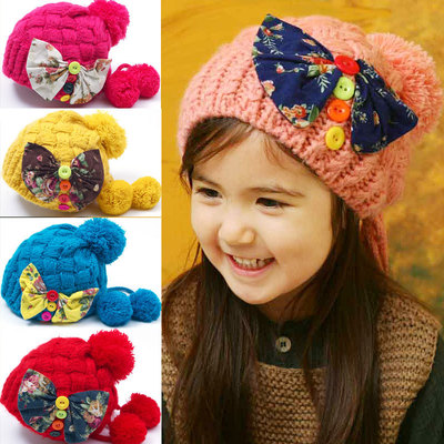 韩版秋冬季女童帽子儿童保暖套头毛线帽蝴蝶结宝宝帽子女孩子潮帽