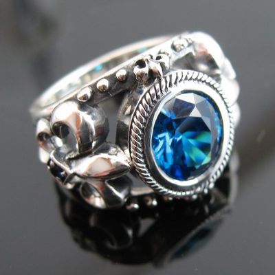进口神话题材奇幻银饰925纯银亚特兰蒂斯海神蓝宝石海洋之心戒指