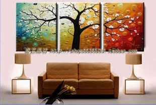 手绘油画装饰画客厅大厅沙发电视背景无框画抽象挂画三拼招财树