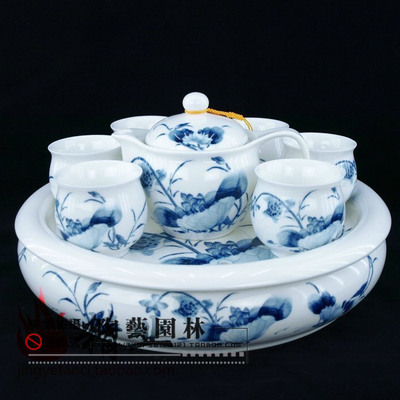 景德镇陶瓷器 青花釉中彩茶具  茶壶 茶杯套装 双层隔热 带茶盘