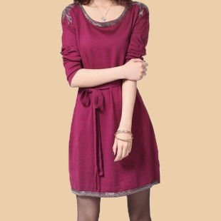 2015春秋女装韩国宽松中长款连衣裙长袖针织打底衫毛衣女士中裙子