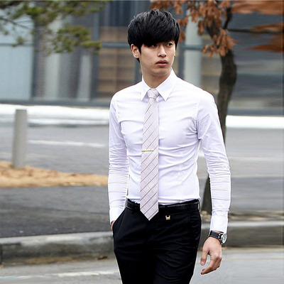 新款男士长袖衬衫男韩版修身纯色衬衣商务休闲男装白衬衫潮包邮