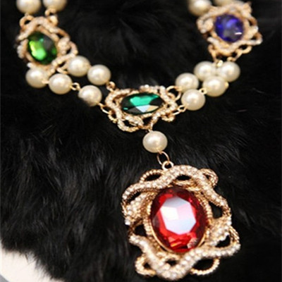 独家韩国彩色大宝石珍珠夸张项链装饰链长款毛衣链欧美复古巴洛克