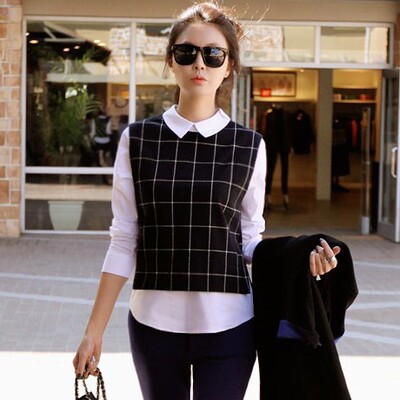 2015春装新款韩版撞色黑白格子拼接长袖雪纺衬衣娃娃领假两件衬衫