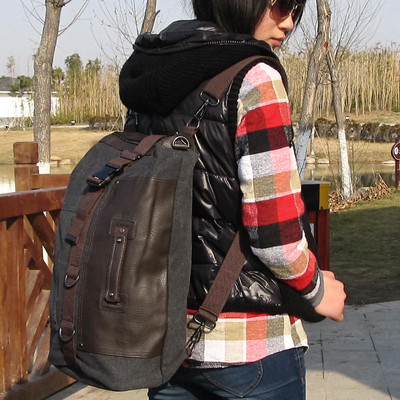 女士双肩包 背包 2015新款韩版户外休闲旅行包 大容量圆桶帆布包