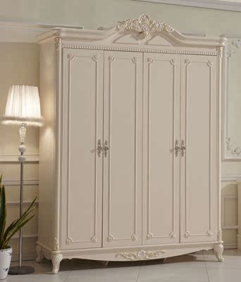 特价促销欧式四门衣柜1.8米 法式对开门衣橱实木架构 白色烤漆