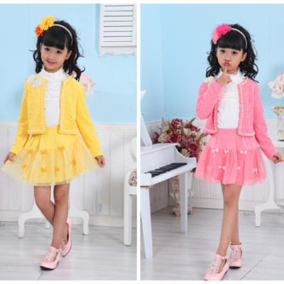 童装女童秋装新款 儿童裙子套装长袖外套三件套2015新款韩版蕾丝