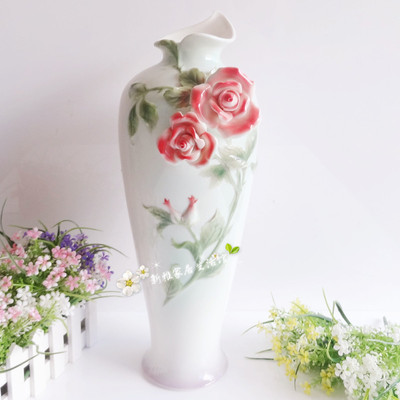 珐琅瓷花瓶摆件 玫瑰花陶瓷花器花瓶 田园风格 现代家居饰品摆设