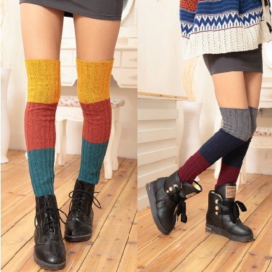 两件包邮韩版秋冬毛线袜套纯色三色拼接条纹兔羊绒袜套 堆堆袜套