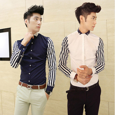 韩版修身男士衬衫夏装新款商务时尚条纹白衬衣潮男纯色长袖衬衫