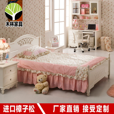 韩式床1.5米床1.2米单人床欧式床纯实木松木床公主床高箱储物床