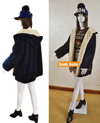 清502秋冬新款女装韩版时尚撞色连帽蝙蝠长袖宽松两穿羊羔毛外套