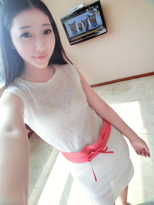 小硕家  2014夏季新款白色蕾丝镂空透视腰带无袖背心中长连衣裙