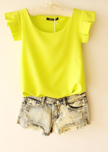 女装夏装新款2013 vivi 百褶飞袖 薄荷绿 女士T恤短袖 荧光色上衣