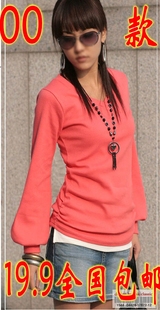 2014秋季个性大码显瘦女装韩国灯笼泡泡袖t恤韩版V领修身女子T恤