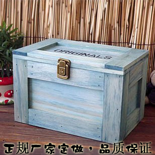 zakka做旧复古蓝色收纳箱 实木特大杂物箱木盒带锁 可加工定做
