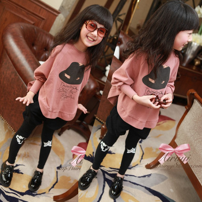 女童秋装韩版长袖蝙蝠衫纯棉T恤上衣打底衫两件套儿童装秋款套装