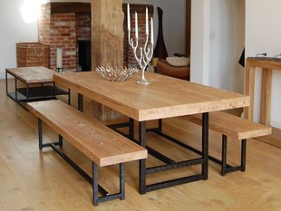 复古 美式乡村铁艺餐桌椅组合 实木桌椅 长方形餐桌椅 复古饭桌
