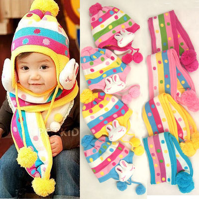 特价清韩国宝宝婴幼儿童加厚护耳圆点大兔子帽子围巾套装可单卖