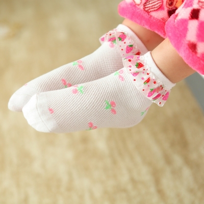 新款韩版女童超薄透气纯棉袜草莓花边袜网眼短袜