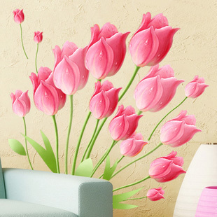 时尚卧室床头客厅电视沙发背景可移除创意浪漫郁金香墙贴粉色贴饰