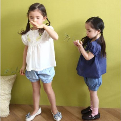 韩国童装女童套装2015夏新款韩版圆领短袖衬衫娃娃衫短裤儿童套装