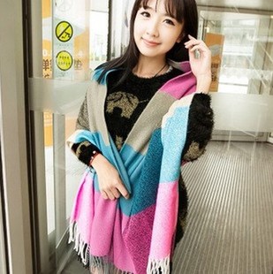 韩国风 秋冬新款 韩版超长款格子针织围巾女式情侣围脖披肩女