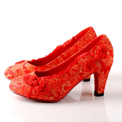 小凤仙传统民族绣花女鞋旗袍鞋中粗跟浅口红色结婚鞋子蕾丝新娘鞋
