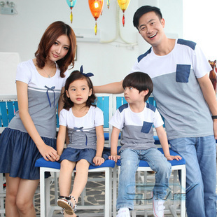 新款韩版夏装亲子装 情侣装 全家装 母女装 条纹短袖T恤拼接长裙