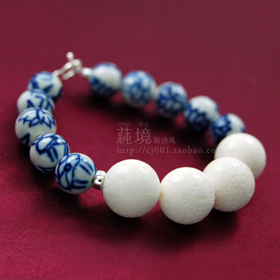 【莼境】传统手绘青花瓷白珊瑚中国风女式手链手串莲花荷花