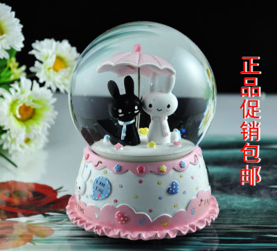 圣诞黑白兔打伞水晶球音乐盒八音盒情人生日礼物送女儿童创意可爱