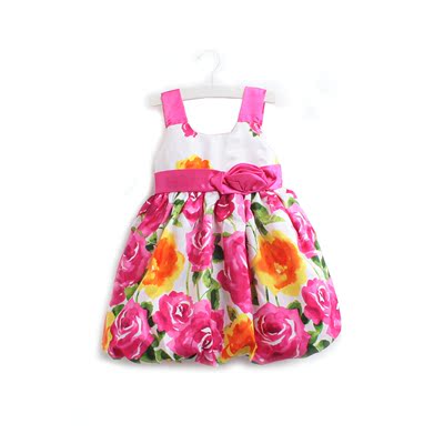 2015夏季新款欧美风童装女童花苞裙吊带裙儿童蝴蝶结花朵礼服裙子