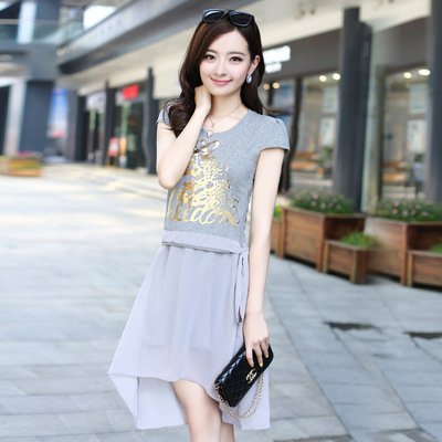 2014夏季女装新款韩版时尚潮流假两件 雪纺连衣裙