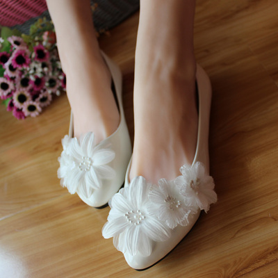 手工婚鞋白色平底新娘鞋 优雅公主花式结婚鞋 伴娘鞋平底单鞋女鞋