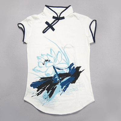 非本性的边缘 原创设计中国风旗袍T恤衬衫  夏季清荷印花女装短袖